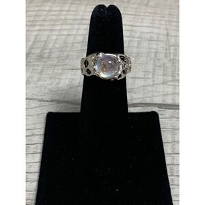 Silver Tone Iridescent Moonstone Style Rhinestone Perforated Adjustable Ring 6